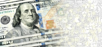 US Dollar banknotes and technology finance icons.