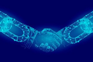 Blockchain technology agreement handshake business concept low poly. Polygonal point line geometric design. Hands chain link internet hyperlink connection blue vector illustration