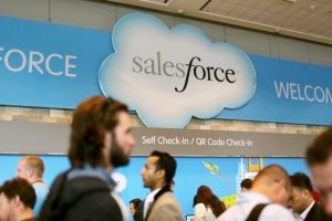 Salesforce sign is seen as attendees make their way through Moscone Center during the company's annual Dreamforce event, in San Francisco