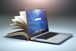 Online library or E-learning concept. Open laptop and book compilation.