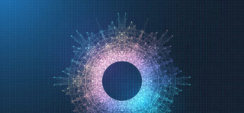 Digital network of nodes forming to represent a circle or iris. AI, artificial intelligence