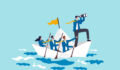 Leadership to lead business in crisis, teamwork or support to achieve target, vision or forward strategy for success concept, businessman leader with binoculars lead business team sailing origami ship