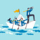Leadership to lead business in crisis, teamwork or support to achieve target, vision or forward strategy for success concept, businessman leader with binoculars lead business team sailing origami ship