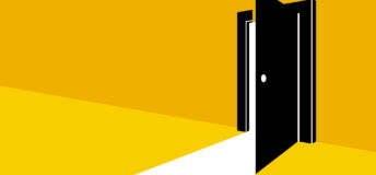 Illustration of an open door against a yellow background
