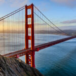 The Golden Gate Bridge and Bay area in San Francisco, California at sunrise
