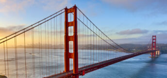 The Golden Gate Bridge and Bay area in San Francisco, California at sunrise