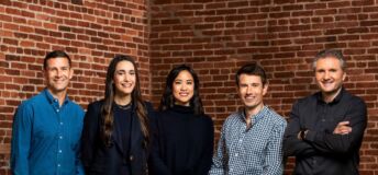 Photo of partners of Uncork Capital (from left): Tripp Jones, Amy Saper, Susan Liu, Andy McLoughlin, and Jeff Clavier.