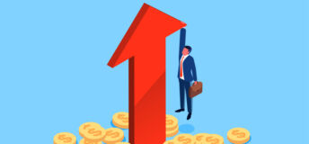 A giant red arrow lurches skyward as a man in a suit with a briefcase holds onwith one hand and dangles above the ground, which is strewn with dollar coins