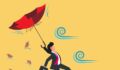 Image of businessperson struggling against wind.