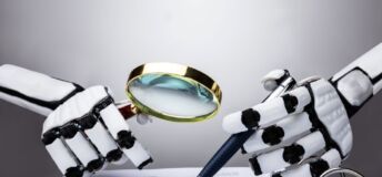 Illustration of robot with artificial intelligence (AI) writing and checking a document.