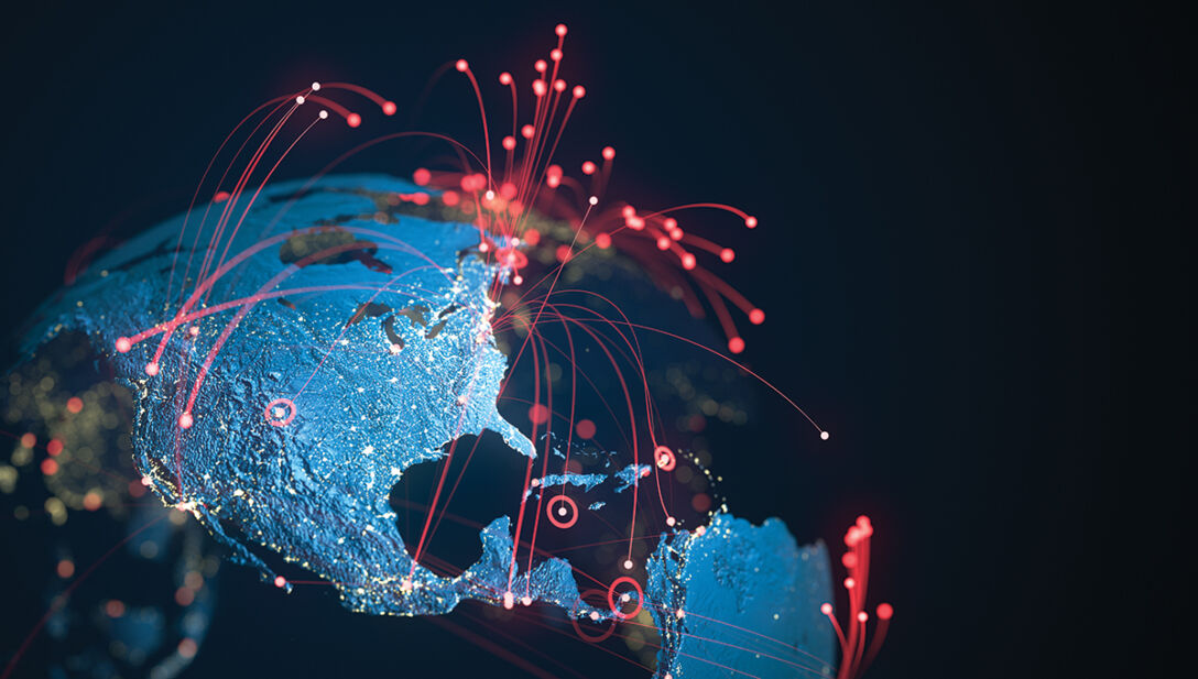 North And South America - Red Connection Lines - Copy Space - Global Business, Pandemic, Computer Virus