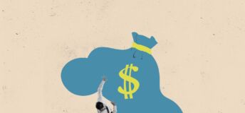 Businessman burdened by a blue sack of money