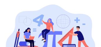 Illustration of college students doing mathematics.
