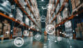 A network of logistics and supply chain icons superimposed over a blurred warehouse, illustrating interconnected systems, transportation, and global distribution. T5