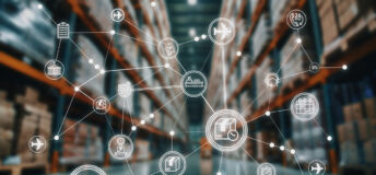 A network of logistics and supply chain icons superimposed over a blurred warehouse, illustrating interconnected systems, transportation, and global distribution. T5