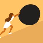 Data Deep Dive: Number of new women-led fund launches hits 15-year low Illustration of woman pushing a boulder up a mountain.