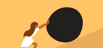 Illustration of woman pushing a boulder up a mountain.