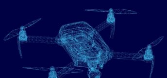 A 3D wireframe model of a quadcopter drone.