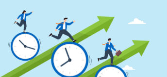 Business people riding clock on rising graph arrow
