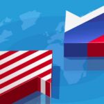 Illustration of geopolitical tension between the US and Russia.