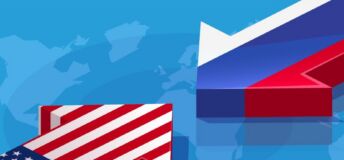 Illustration of geopolitical tension between the US and Russia.