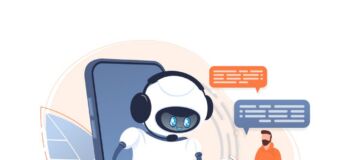 Illustration of man talking to an AI chatbot.