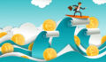 Redstone catches wave of interest in ocean tech Buisinessman riding a wave illustration with water and surf made up of money and coins