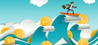 Redstone catches wave of interest in ocean tech Buisinessman riding a wave illustration with water and surf made up of money and coins