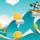 Buisinessman riding a wave illustration with water and surf made up of money and coins
