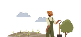 Illustration of farmer working in a field.